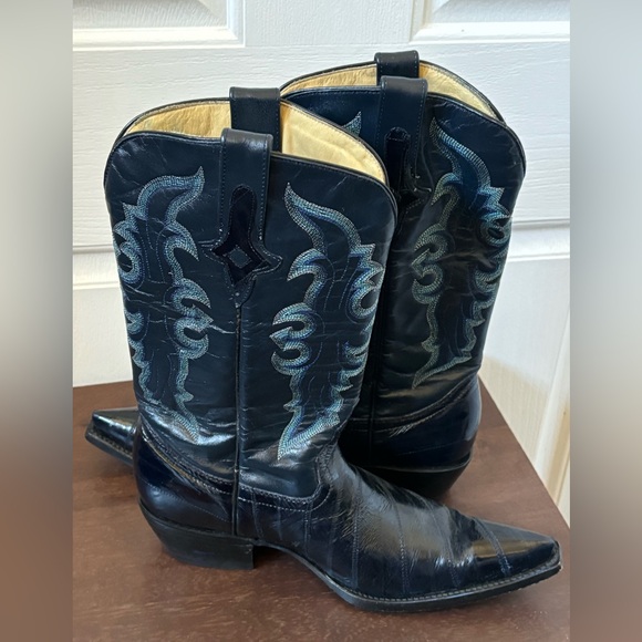 Je-Ver Cowboy Boots Men's 9.5 Leather Embroidered Western Pointed Navy Boots - Picture 13 of 16